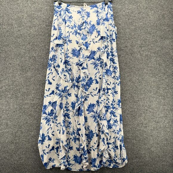 Free People Skirt Womens 6 White Blue Floral Ruffle Fairycore Romantic Angelcore - Picture 6 of 11